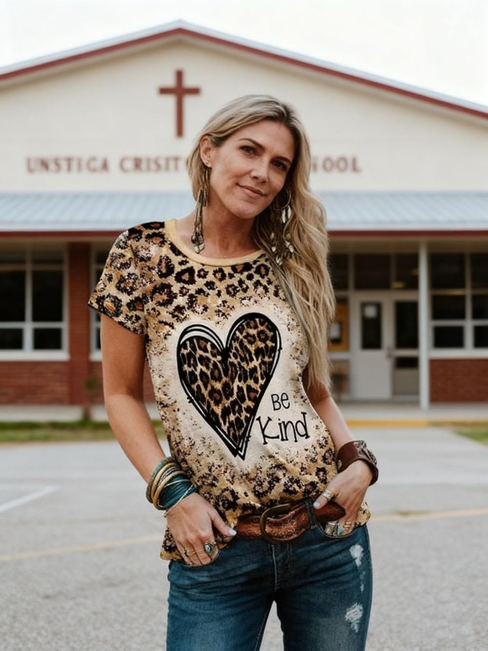 Be Kind Leopard T Shirt Animal Leopard Heart Graphic Blessed Shirt Women Inspirational Teacher Short Sleeve Tees Tops - Image 5