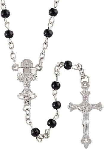 Miniatura 2 de Rosario de cuentas negras con cáliz y anfitrión pequeño, rosarios con cuentas de oración de vidrio y centro de mesa de crucifijo en tono plateado,