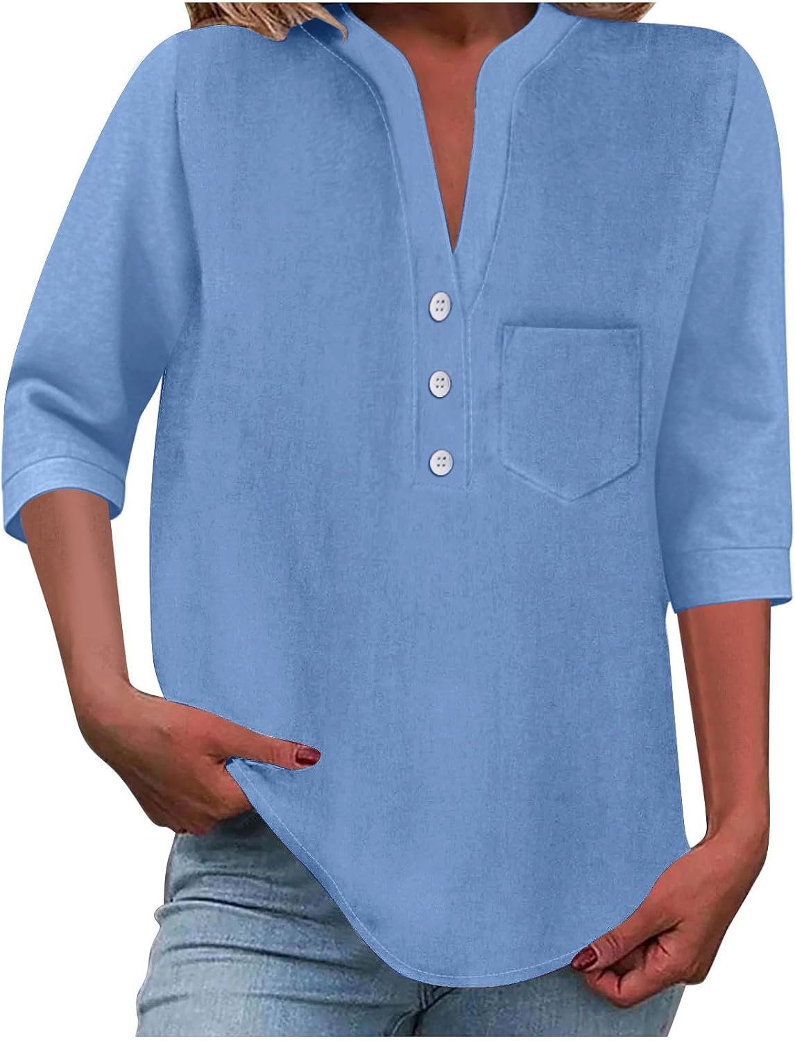 3/4 Sleeve Tops for Women Loose Fit V Neck Button Down Henley Shirts Cute Solid Summer Beach Chest Pocket Shirt