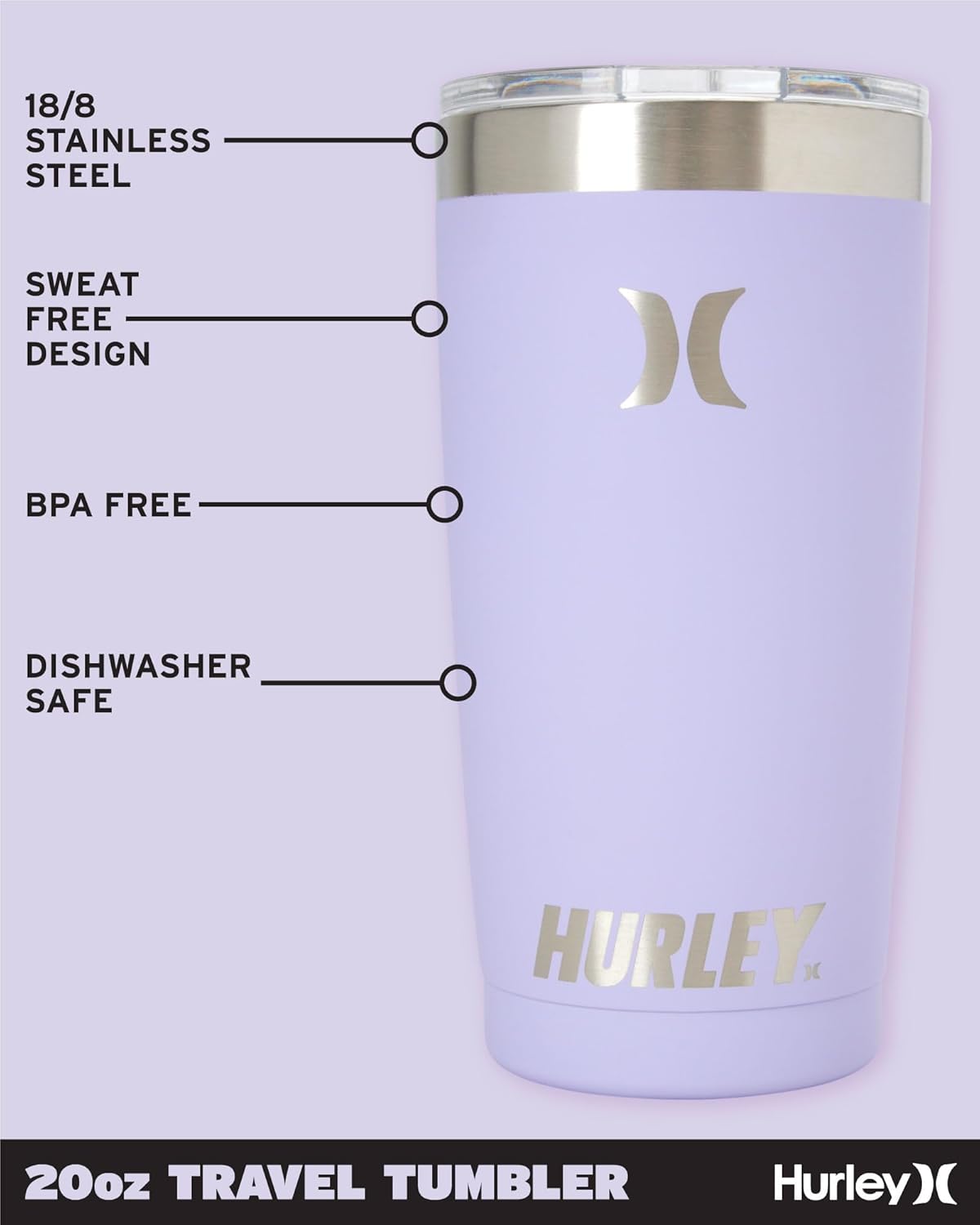 Hurley Tumbler Thermos – 20oz Double Wall Vacuum Insulated Travel Mug – BPA Free Stainless Steel Water Bottle – Leak Proof Hot and Cold Coffee Car Cup, Size 20 oz, Lilac
