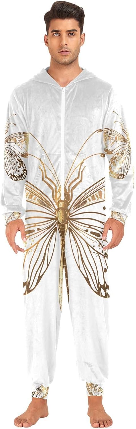 Butterfly Dragonfly Golden Adult Onesie Pajamas for Unisex Novelty One Piece Costume Sleepwear