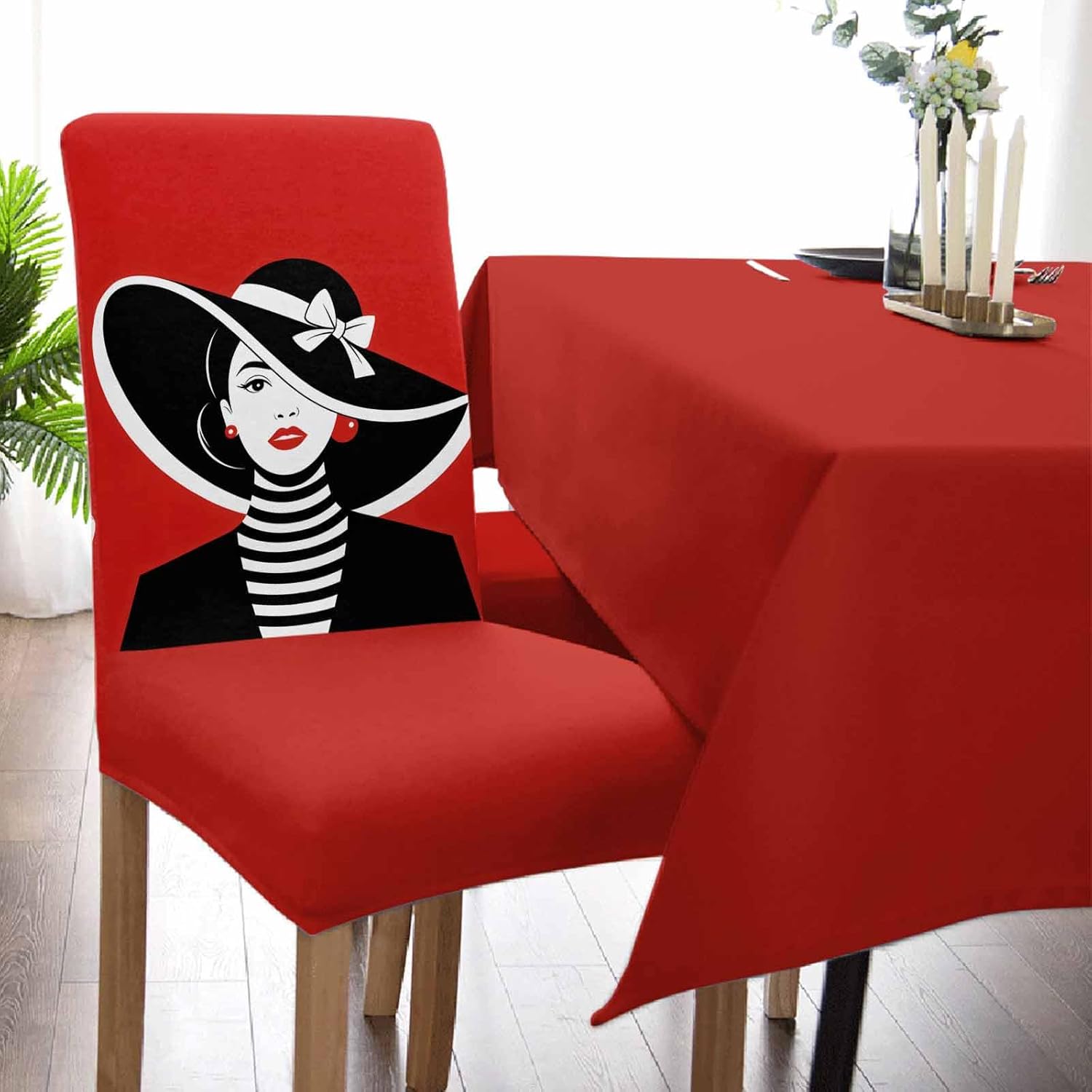 Chair Covers for Dining Room Fashion Girl Wearing Black Hat Stretch Chairs Slipcovers Removable Washable Seat Protector Black White Red Seat Cushion Cover for Home Hotel Party Decor,4PCS