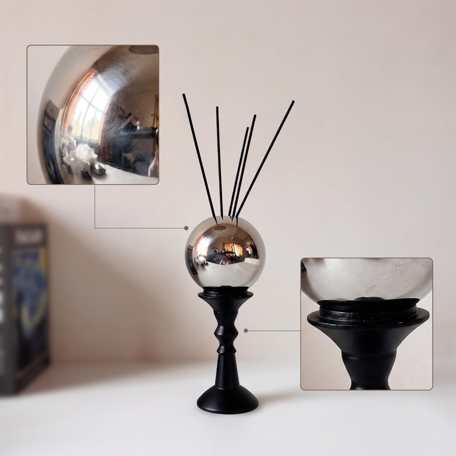 rockible Profumatore Decorativo Bottiglia Diffusore Vaso Profumo Flacone Essenze Contenitore Aroma con Piedistallo Nero in Legno E Resina per Dispersione, Sfera