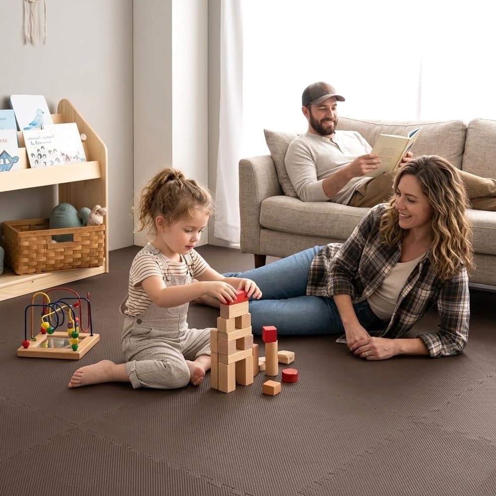 TANSU NO GEN 3/8 Inch Thick Printed Foam Tiles, Interlocking Foam Floor Mats, Anti-Fatigue Flooring, 16 Tiles, Brown, Designed in Japan, 8990005203(113858G)