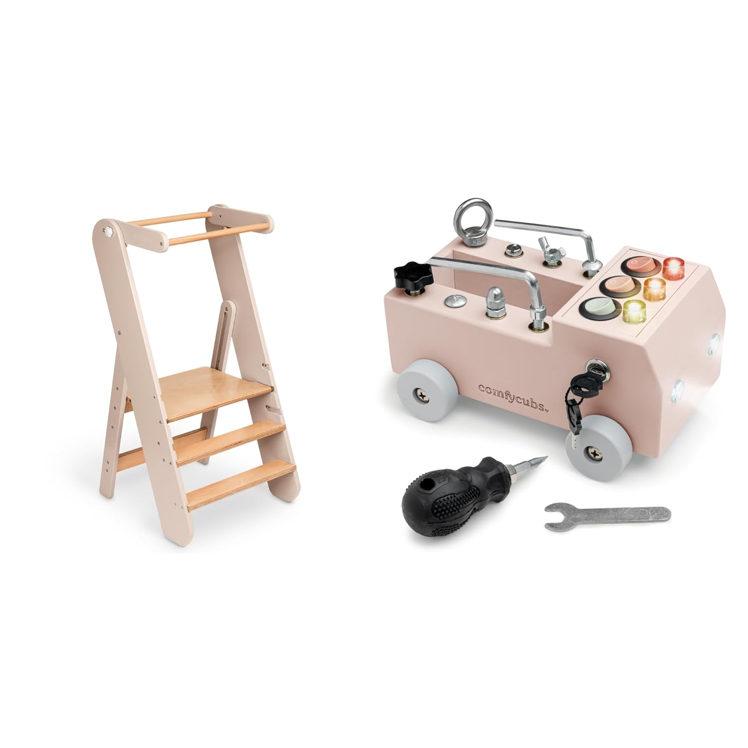 Kids Step Stool and Busy Board Toy Truck Set Bundled by Comfy Cubs