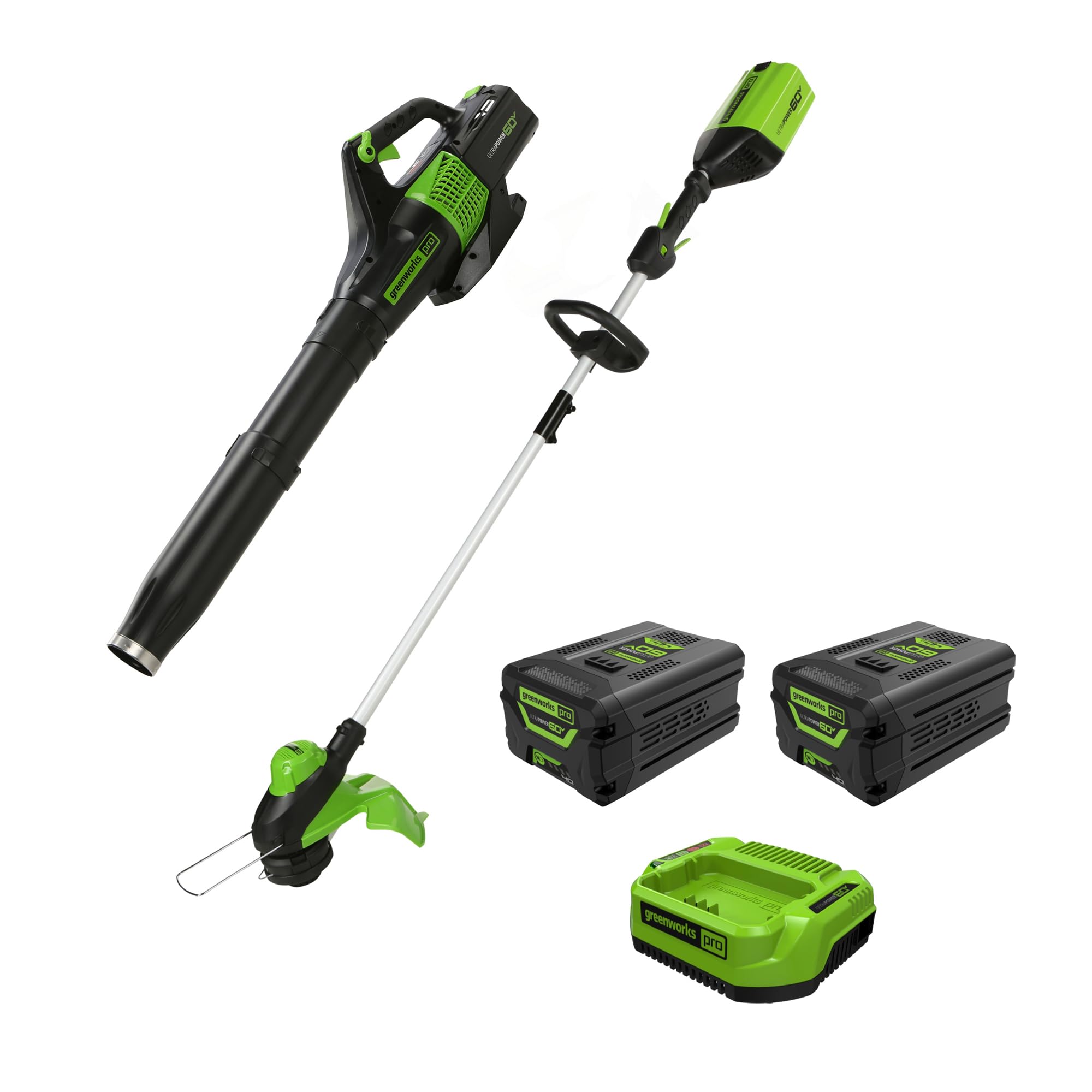 Greenworks 60V 13" String Trimmer + (540 CFM) Leaf Blower Combo, 4.0Ah Battery, Rapid Charger + Bonus 4.0Ah Battery