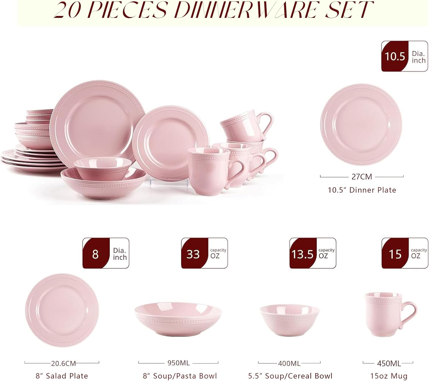 Pearl Dots Stoneware Dinnerware Set (20pc Set, Pink)