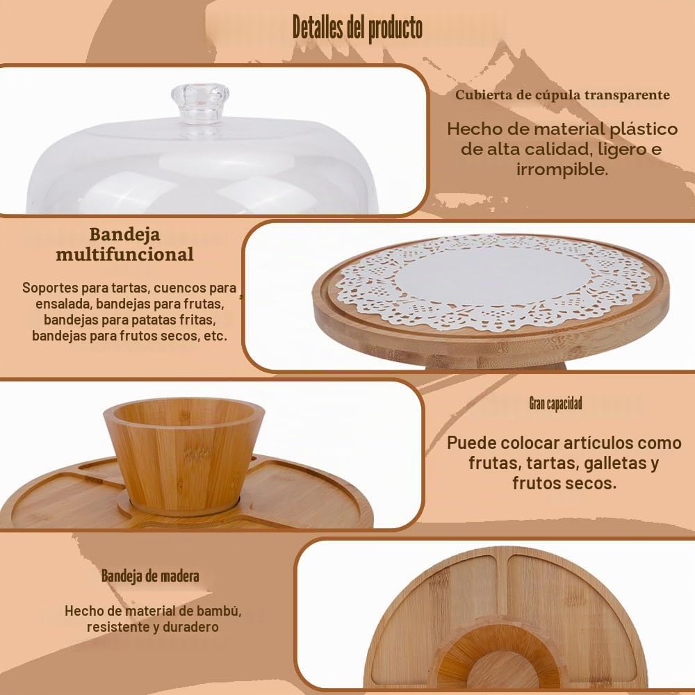 Plato para tartas con tapa, soporte para tartas con pie, placa redonda 4 en 1, campana de madera de 29 cm, plato para tartas, incluye papel de horno y pinzas de cocina, soporte para tartas
