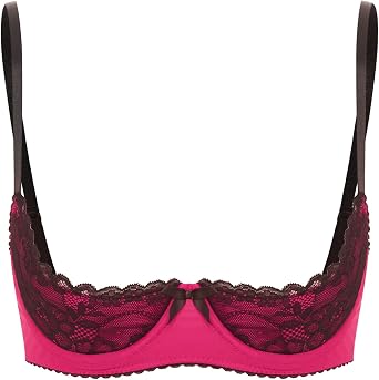 Oyolan Womens Sexy Lace Lingerie 1/4 Cups Bare Exposed Breast Underwire Push Up Balconette Bra Tops