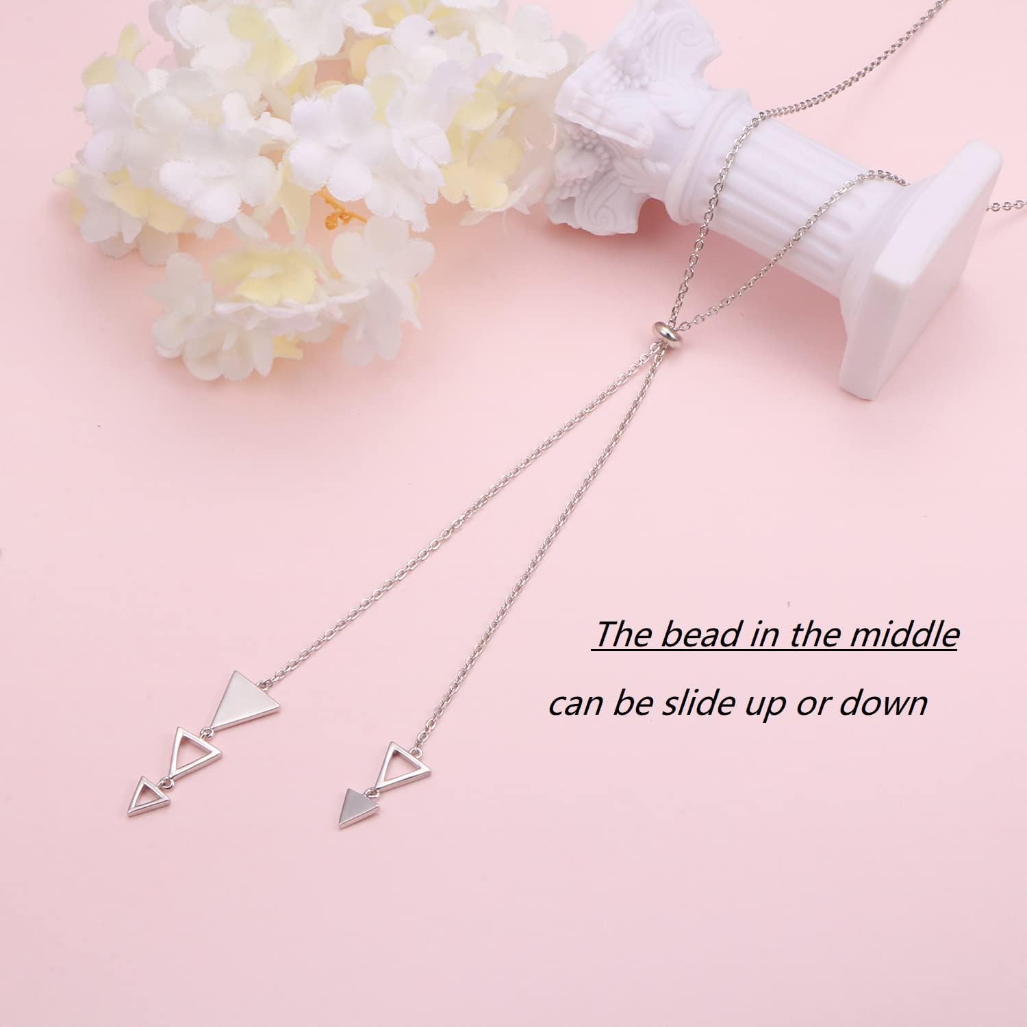 FLYOW Long Chain Dainty Lariat Necklace Simple Style 925 Sterling Silver Heart Pendant Adjustable Y Shaped Necklace Jewelry