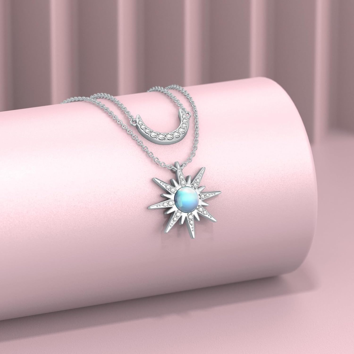 Sun Moon Necklace for Women 925 Sterling Silver Moonstone Sun Moon Pendant Double Layered Necklace Celestial Jewelry Birthday Gifts for Mom Wife