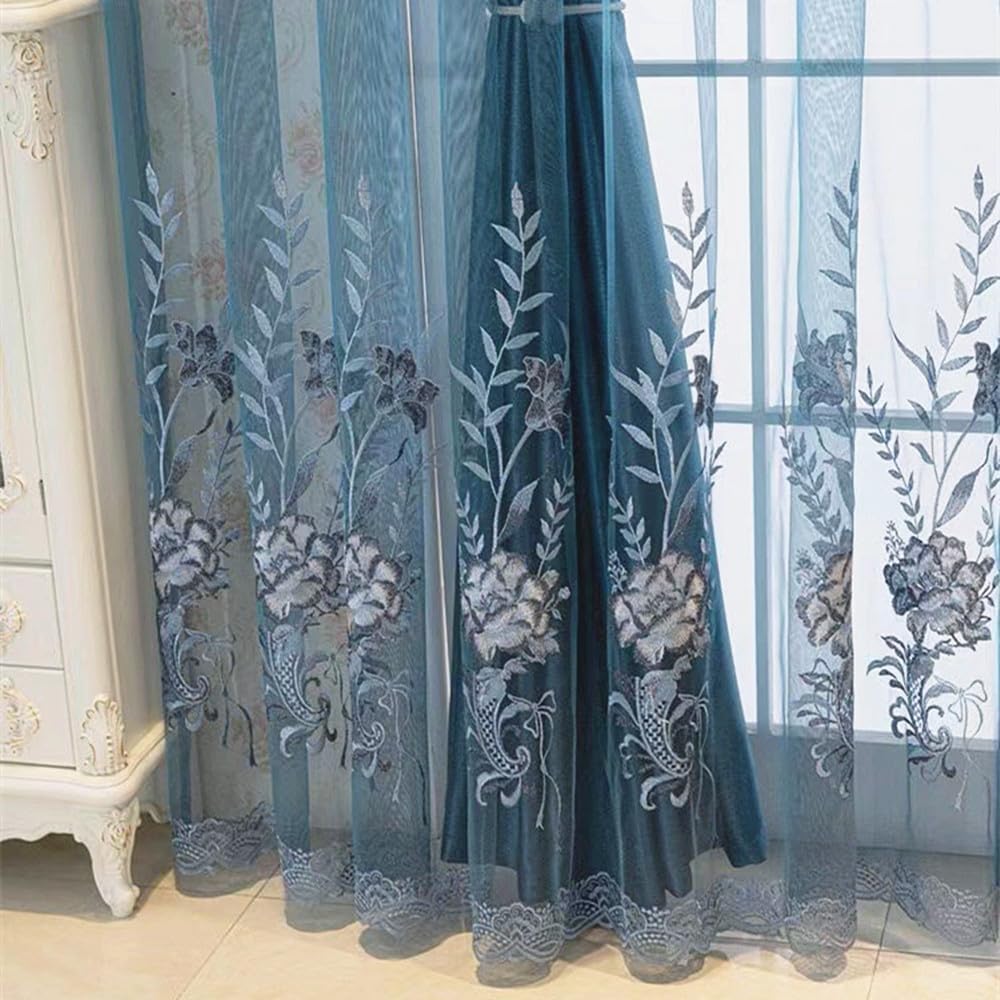 Amidoudou 1 Pair European Double Layer Curtains for Living Room Bedroom Luxury Peacock Flower Embroidered Curtains with Valance (Grey,51x84 Inch)