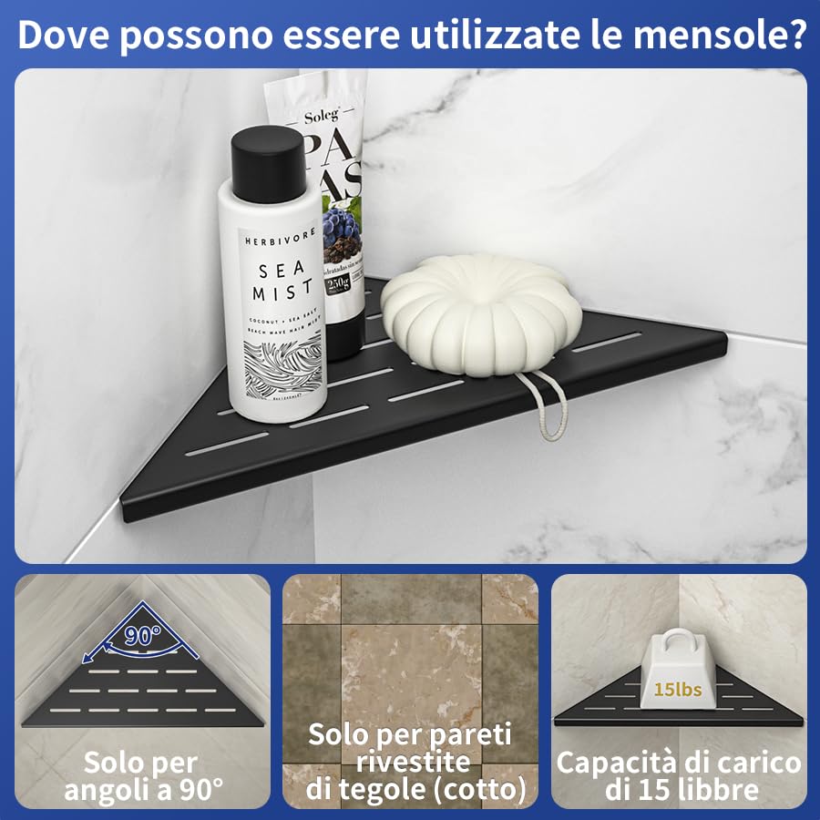 Mensola doccia triangolare in acciaio inox per bagno, nera. Mensola