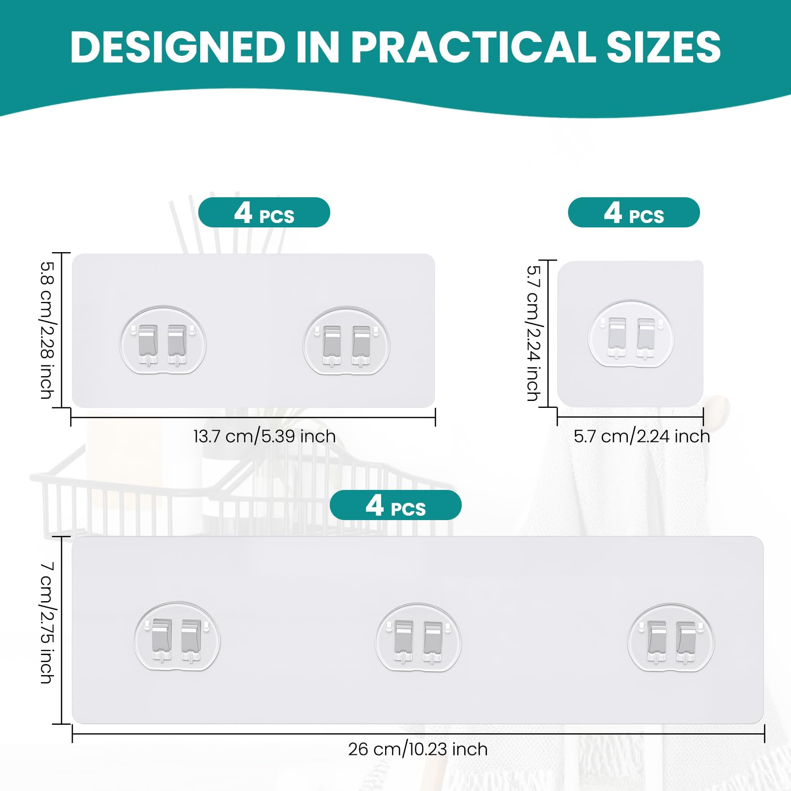 12 PCS Shower Caddy Adhesive Hooks Replacement, No Drill Strong Waterproof Shower Shelf Adhesive Hooks for Bathroom Wall, Soap Holder & Kitchen Rack Storage (3 Sizes) - 4