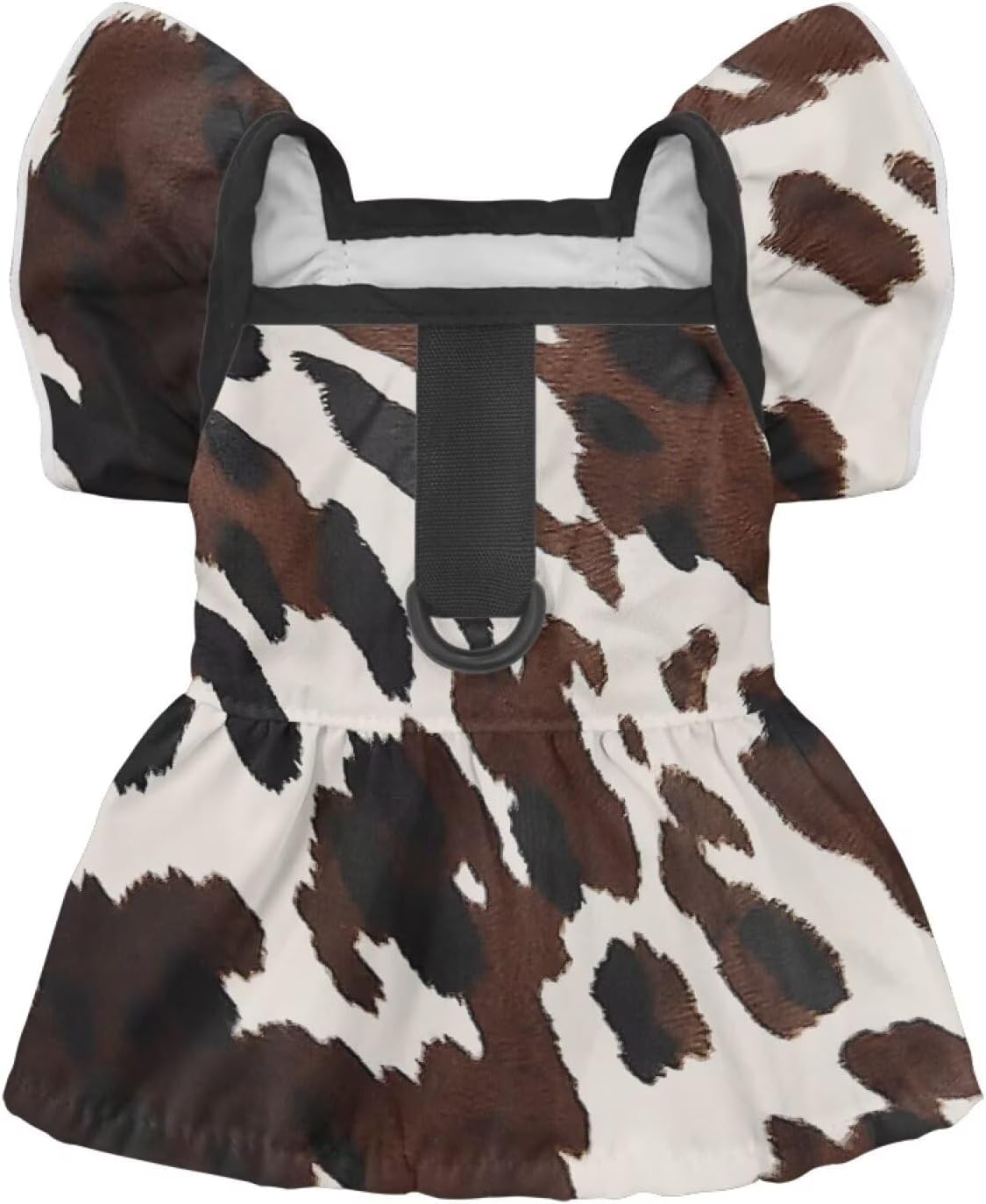 Small Dog Dress with D-Ring Brown Cowhide Print Princess Girl Dog Harness Dress Summer Fall Breathable Pet Puppy Clothes