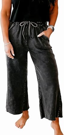 miduo Womens Elastic High Waist Drawstring Wide Leg Cropped Mineral Wash Lounge Pants with Side Pockets Casual Trousers