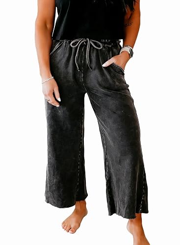 miduo Womens Elastic High Waist Drawstring Wide Leg Cropped Mineral