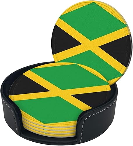 Miniatura 2 de Drink Coasters Set of 6, Jamaica Flag Printed PU Leather Round Coaster with Holder for Outdoor, Office, Bar, Funny Heat-Resistant Home Desk Decor