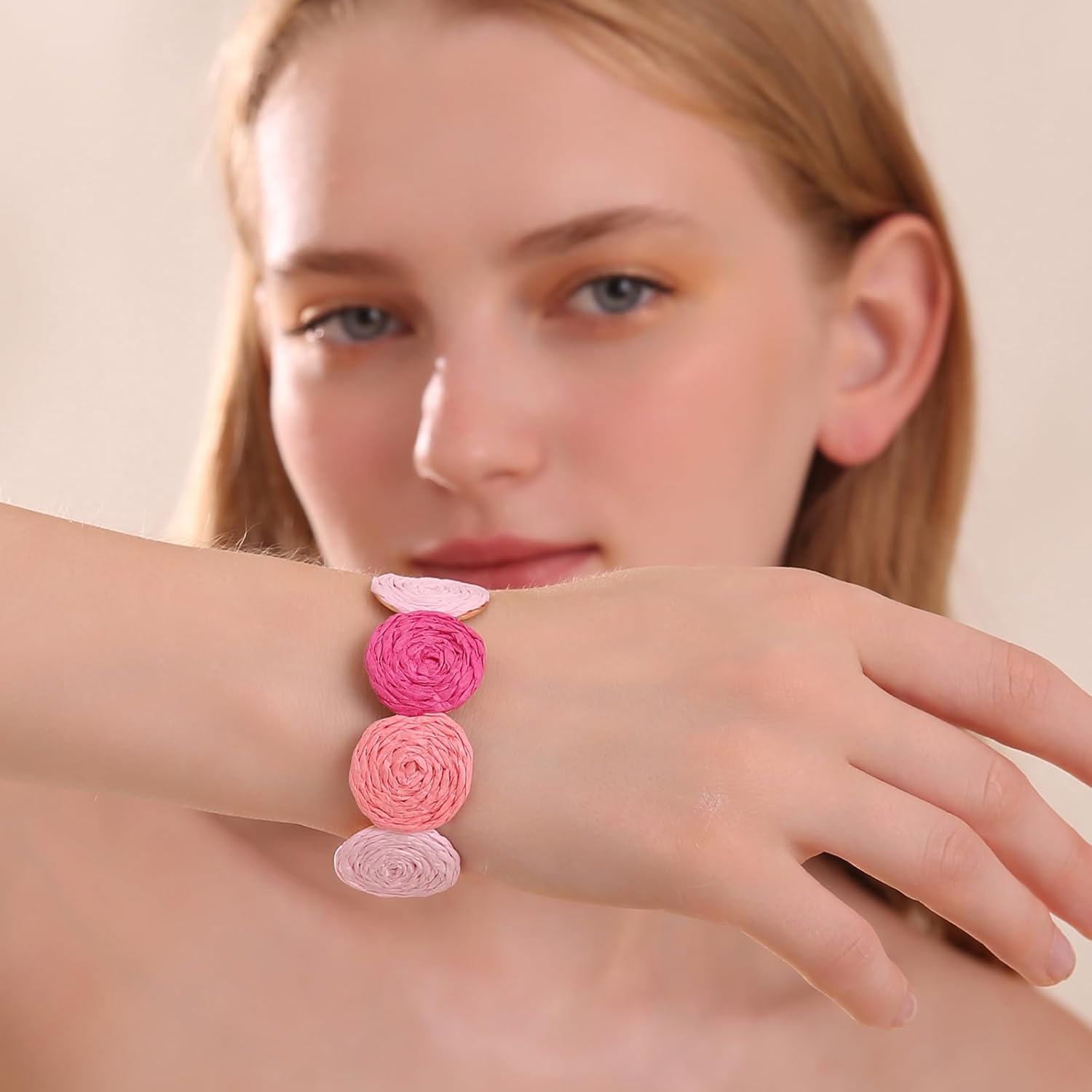 Raffia Multiple Circles Cuff Bracelet for Women, Handmade Colorful Round Bangle Geometric Adjustable Statement Bracelet - Image 2