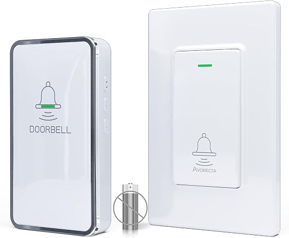Wireless Doorbell Kit, 1 Self-Powered Rectangular Push Button & 1 Plug-in Doorbell Chime Receiver, No Battery Required, No Wi-Fi, 38 Chimes, 4 Volume Levels for Home Apartment Classroom