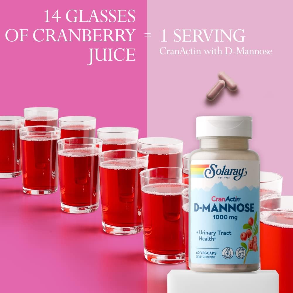 SOLARAY D-Mannose with CranActin Cranberry Supplement 400mg, Urinary Tract Health & Bladder Support Capsules with Vitamin C for Immune Function, Vegan, 60 Day Guarantee