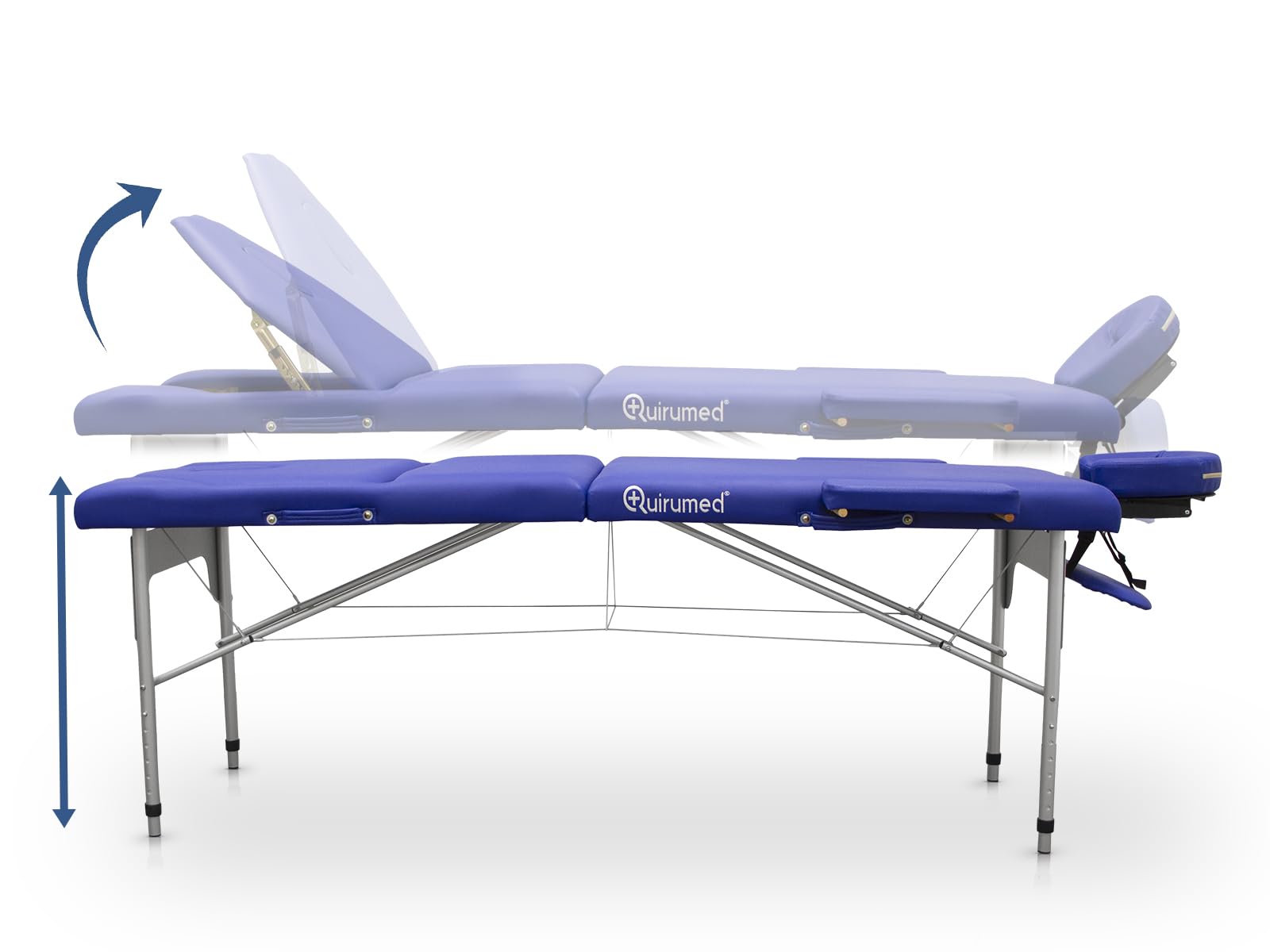 QUIRUMED Camilla de Masaje Plegable de Aluminio Pro, 186 x 66 cm, con Respaldo abatible, Color Morado, Polipiel, Orificio Facial, Cabezal extraíble, Regulable en Altura, 2 cuerpos, hasta 150 kg