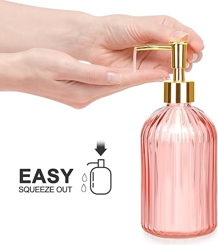 Vista 5 de Haturi Juego de accesorios de baño, 4 piezas de vidrio rosa, conjuntos de accesorios de baño completos con dispensador de jabón y loción, soporte