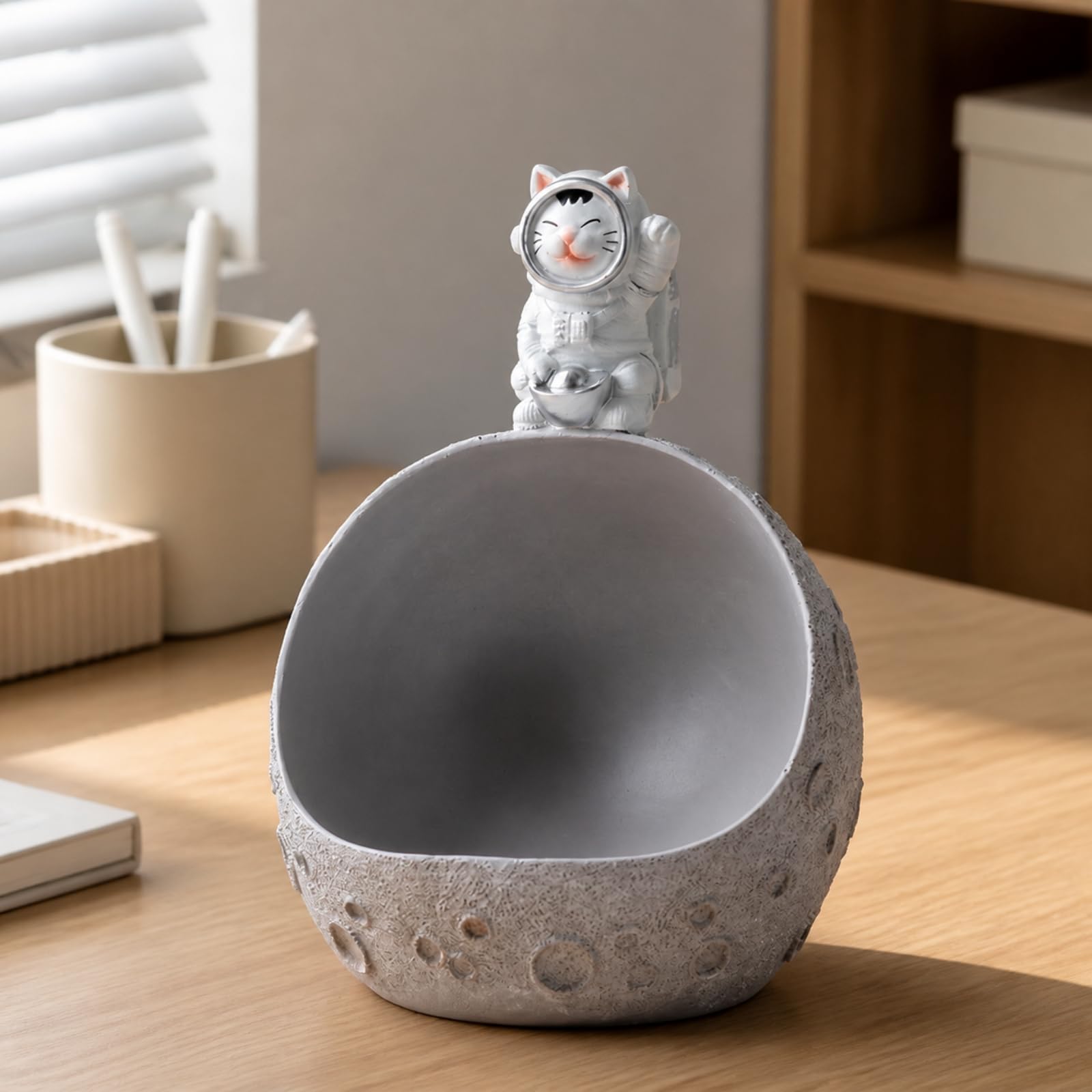 Portalápices Mesa con Minino |, con textura, Organizador Resina Forma Cráter, para Oficina, Niños, Plata+Naranja