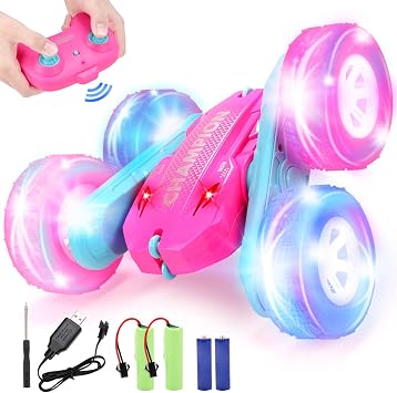 REMOKING RC Car for Kids, Double-Sided Driving, Rotating Stant, Easy Operation, LED Light, Indoor Play, Boys, Girls, Birthday, Christmas, Present, Pink