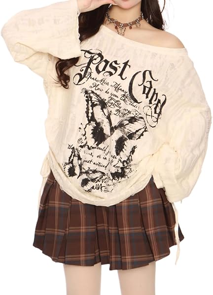 Y2K T Shirt damska Anime bez ramiączek długi rękaw otwory z siateczki i nadruk z kreskówki Grunge Harajuku Kawaii gotycka odzież