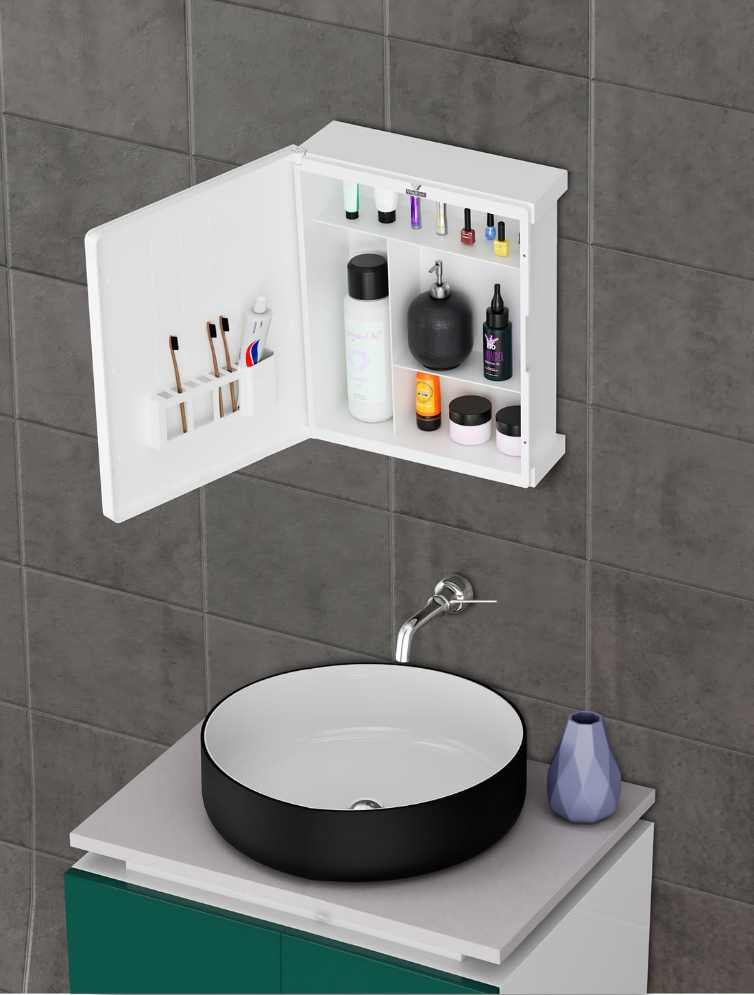 New Rich Look Bathroom Cabinet with Mirror White | Storage Organiser | Strong Plastic Bathroom Shelves Wall Mounted | Mirror Cabinet- (Made in India)