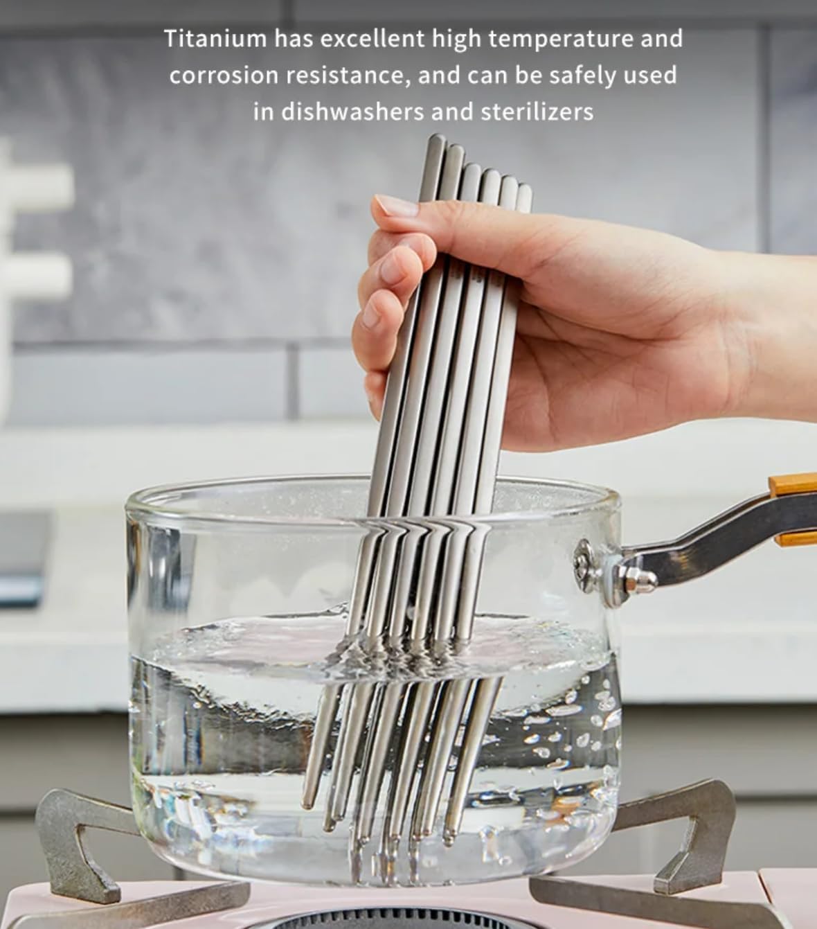 KEITH Ti5636 Pure Titanium Chopsticks Set, 10 Pairs Lightweight Square-Handle Durable Chopsticks for Family Dining, Home, Camping & Travel