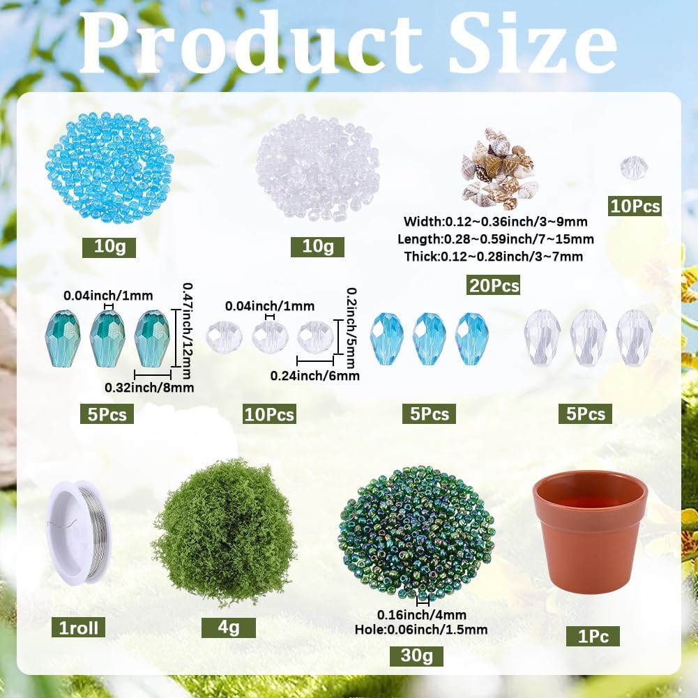 555Pcs Glass Beaded Plant Kit Forever Plant Making Kit with Pot Artificial Moss Wire Faceted Crystal Ocean Shell Beads for Succulent Jewelry Making Bracelet Necklace Earrings DIY Crafts