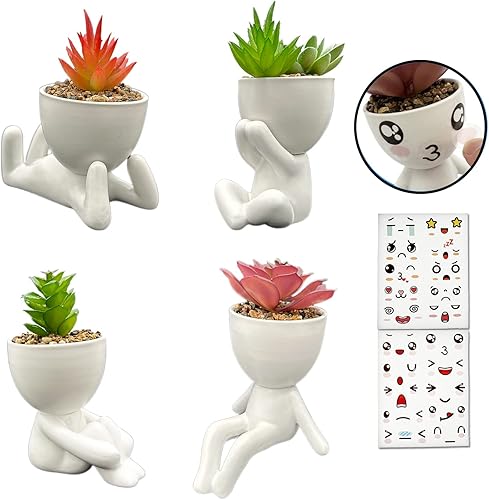 uxsein Plantas suculentas falsas, decoración artificial, 4 piezas de suculentas artificiales en macetas, lindas plantas falsas en forma de humana,