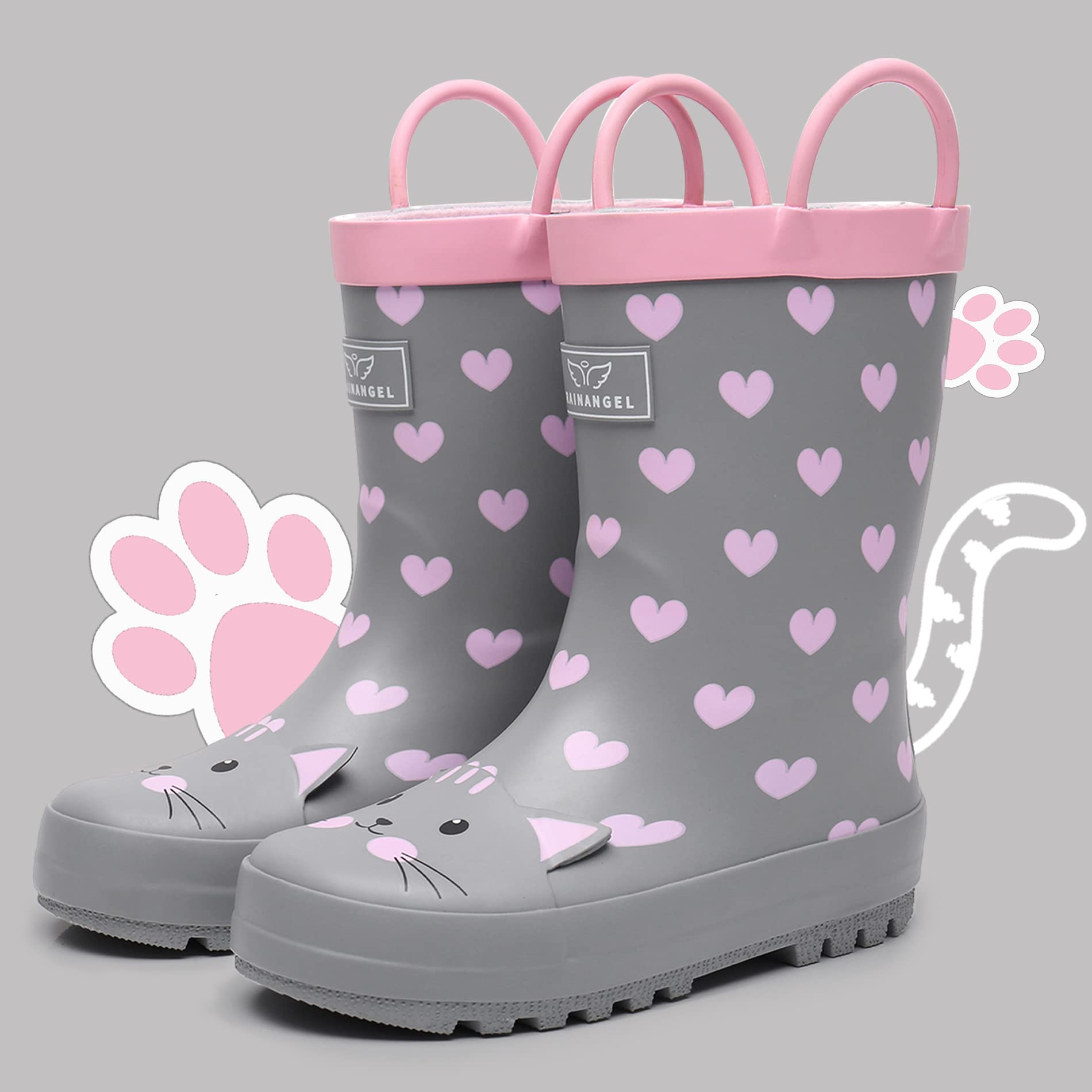 RAINANGEL Botas de lluvia para niños pequeños con asas fáciles de poner, botas de lluvia de goma impermeables para niñas y niños, en divertidos estampados y colores, unisex, botas de lluvia para