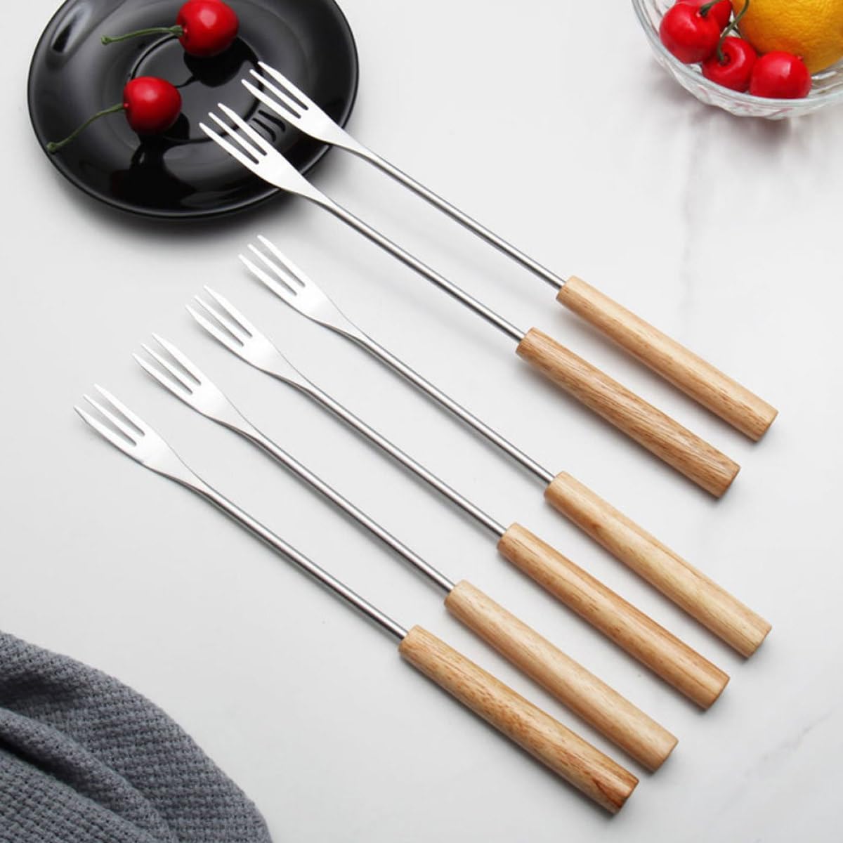 12pcs Stainless Steel Fondue Forks with Wooden Handles, Cheese and Chocolate Dipping Skewers for Fruit and Bbq, Kitchen Fondue Sticks Set for Entertaining and Dining