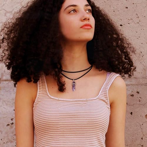 Miniatura 3 de Aobei Pearl Gargantilla de piedras preciosas de amatista, 5 piezas hexagonales con dije de chakra de Reiki puntiagudo para mujer, joyería de piedra