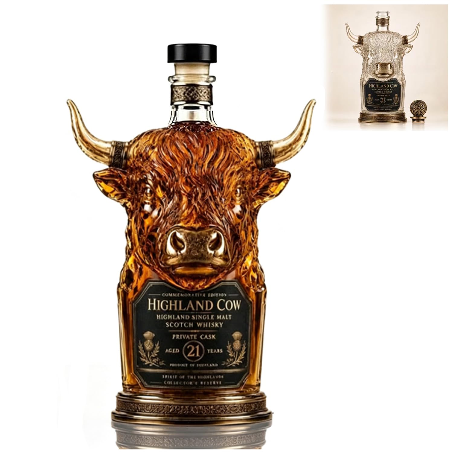 Highland Cow Private Cask 21 Years Cow Head Shaped Scotch Whisky Bottle(#B)