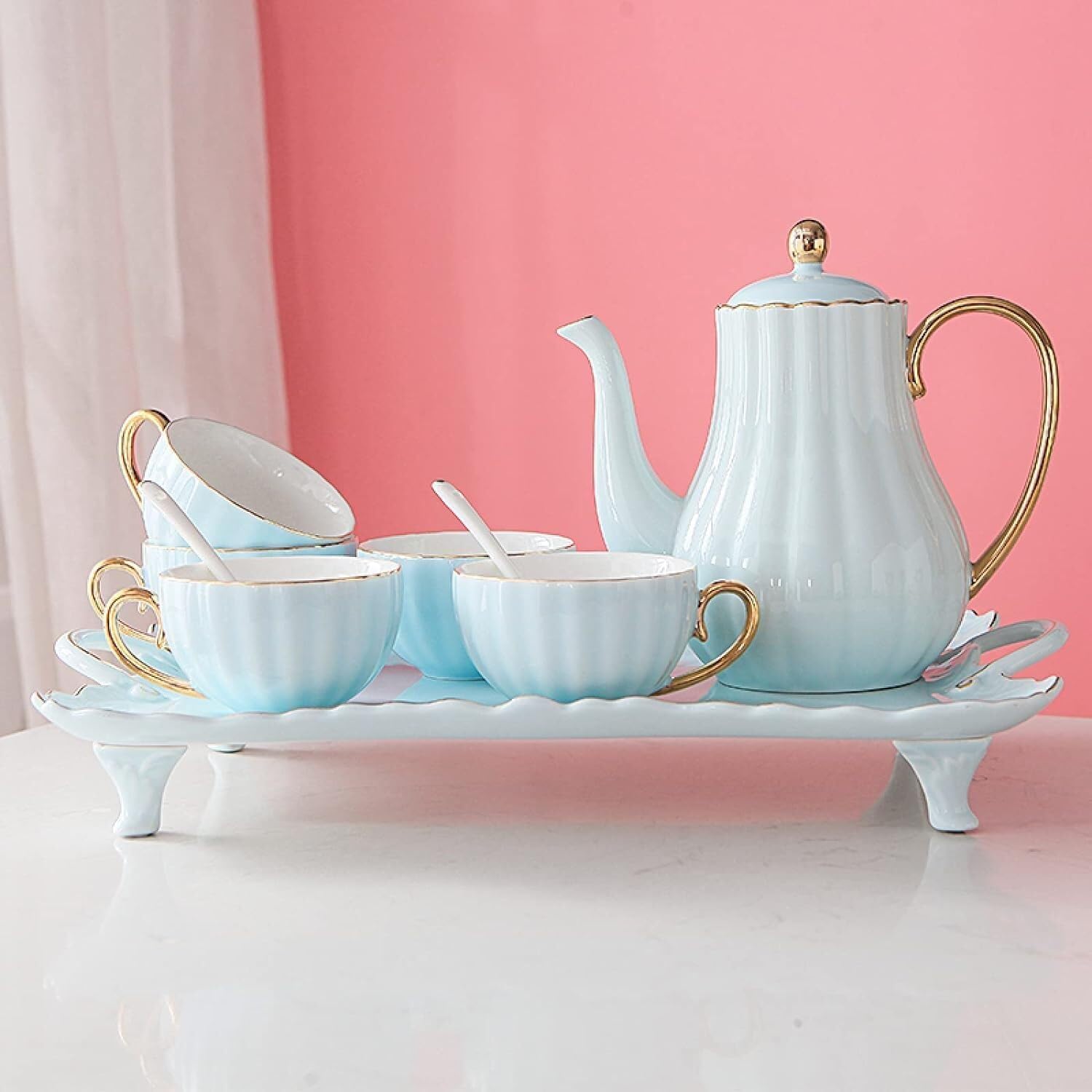 Modern Porcelain Tea Set with Teapot, 6 Cups, Tray & Teaspoons – Elegant Coffee Set for Adults
