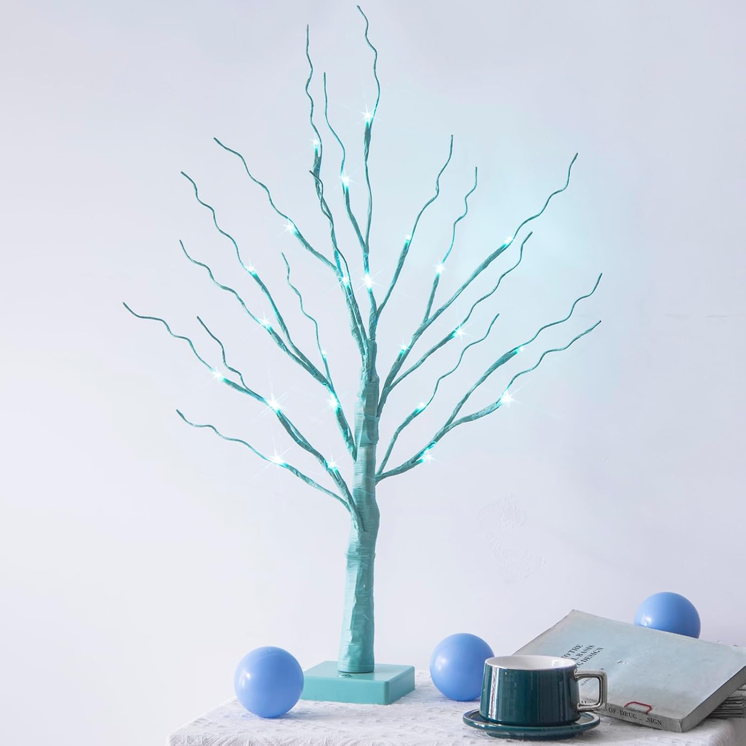 PEIDUO Blue-Green Trees Decorations for The Home, 2FT 24LT Tree Light Battery Powered Timer, for Home Bedroom Living Room Fireplace Party Father's Day Hanukkah and Christmas