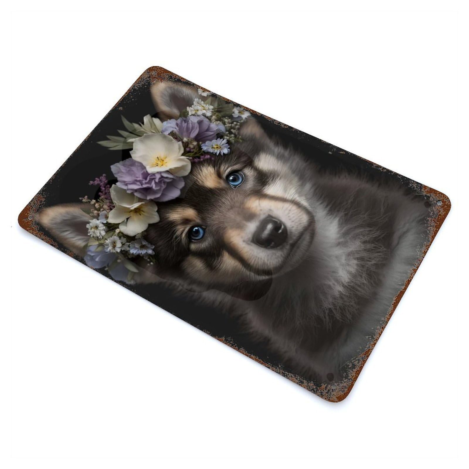 Rusty Metal Tin Sign with Cute Baby Fluffy Wolf Design 11.8"x7.9", for Farmhouse, Kitchen And Entryway Decor, Rustic Home Decor