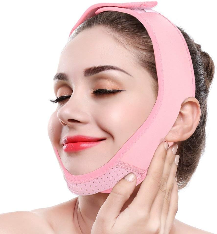 Slimming Belt with Facelift, V Line Neck Compression Mask Double Chin Belt Belts for Weight Loss Skin Care Chin Lifting Firming Envelope (Pink)