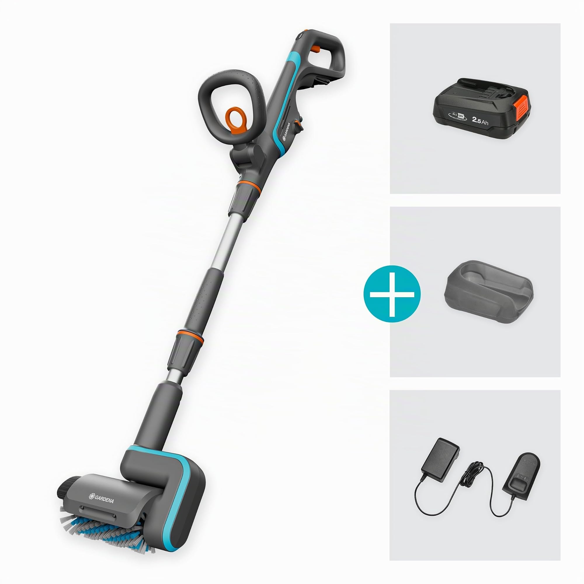 Gardena Nettoyeur de terrasse sur batterie AquaBrush 18V/P4A - Patio - Kit prêt à l’emploi: Extérieur, Commande à un bouton, Nettoyage terrasse, Profil de brosse optimisé, Sans fil (14841-20)