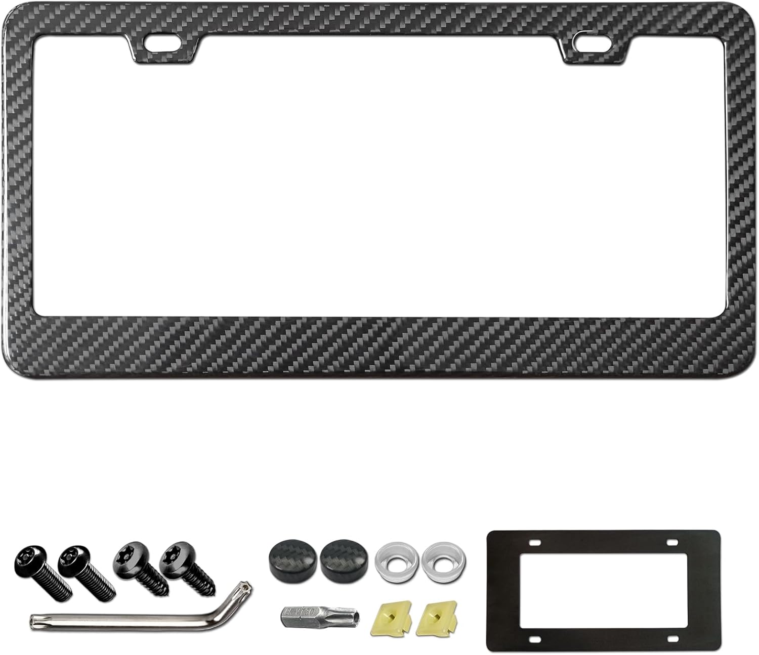 Aootf Carbon Fiber License Plate Frame- 100% Real Carbon Cloth Wrapped Stainless Steel Car Tag Cover, 1 Pack Black Holder with Anti Theft Screws Caps, Wide Edge 2 Hole