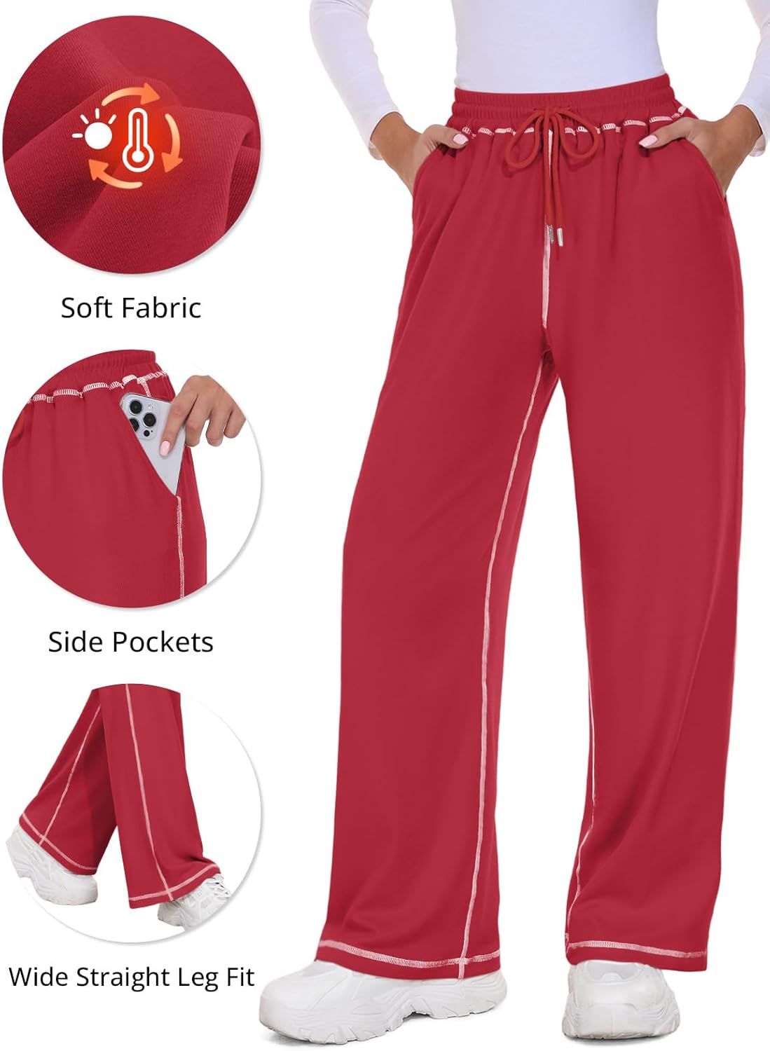 Feiersi Women's Wide Leg Sweatpants Soft Trendy Drawstring Baggy High Waisted Casual Trousers Jogger Sweat Pants - Image 3