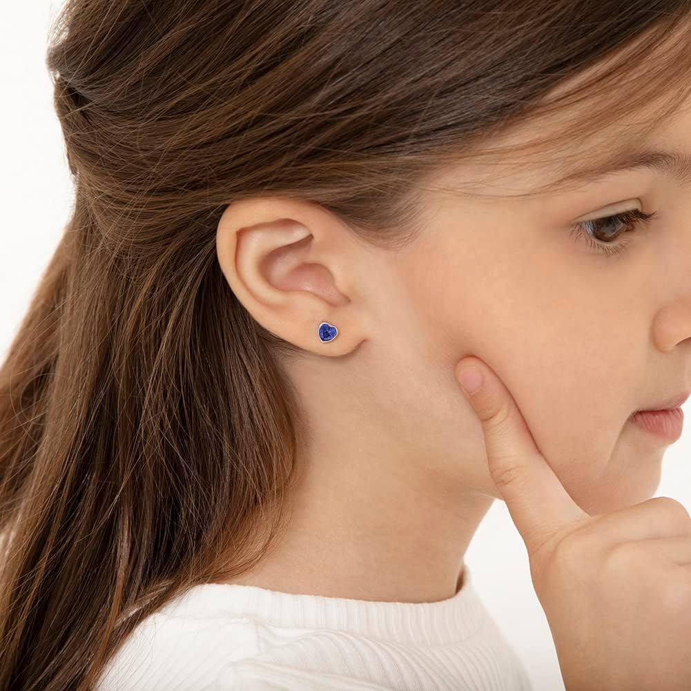 In Season Jewelry CZ Birthstone Heart Kids Earrings - 925 Sterling Silver Hypoallergenic Earrings for Girls with Secure Screw Backs - Safe & Comfortable for Toddlers, Kids & Little Girls