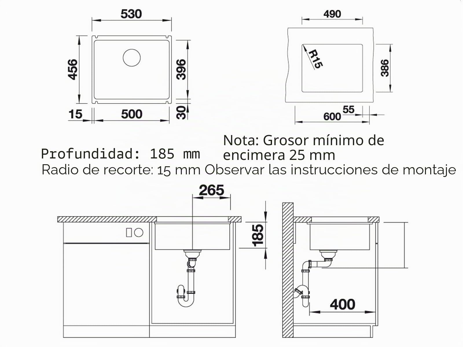 BLANCO SUBLINE 500-U 523432 Fregadero de cocina, antracita, 500 mm