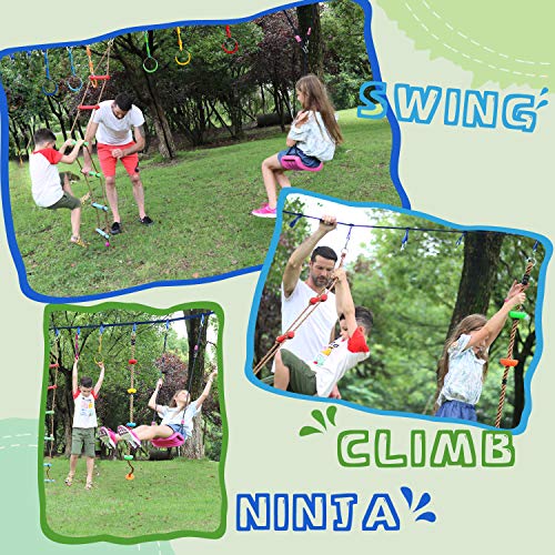Rainbow Craft 2x50ft Ninja Warrior Obstacle Course for Kids - 2 Ninja Slackline, 17 Removable Buckle Loops, 12 Ninja Attachments, Ninja Obstacle Course for Outside - Thumbnail 4