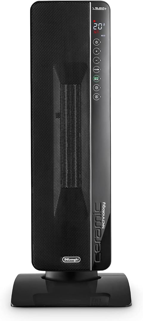 De'Longhi TCH8993ER.BC Termoventilatore a Torre, Tecnologia Ceramica, Silenzioso, 3 Livelli di Potenza, Ventilazione Estiva, TIMER 24H, Funzione Eco-Plus, Luce, Anti - Ribaltamento, Leggero, Nero