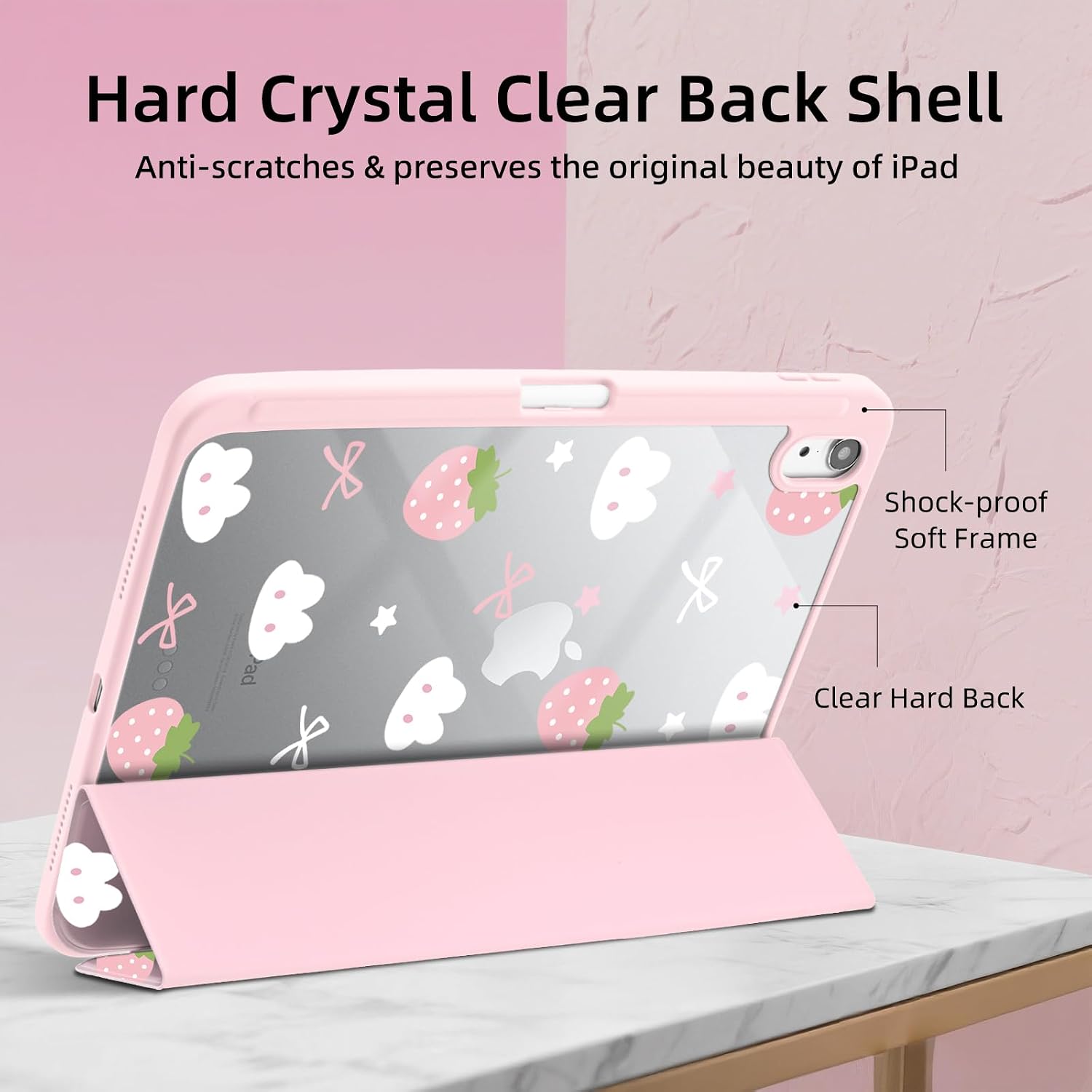 Case for iPad Air(2024) 13 inch, Shockproof Cover Clear Transparent Back Shell with Pencil Holder, Auto Wake/Sleep Case for Women Girls, Bunny-Pink